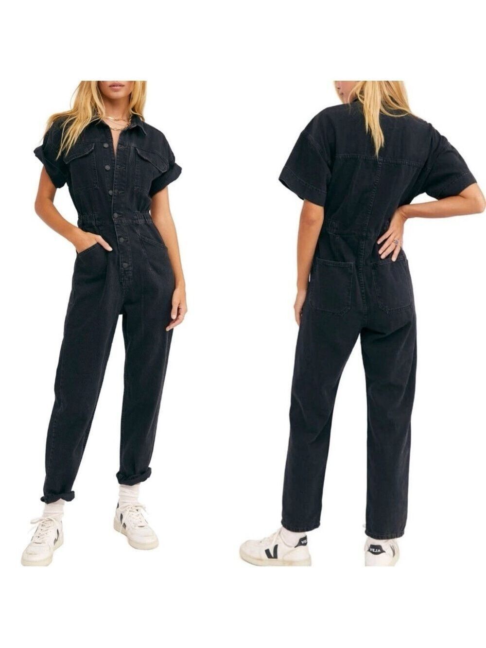 Free People We The Free Marci Black Denim Utility Coveralls Jumpsuit Size XS